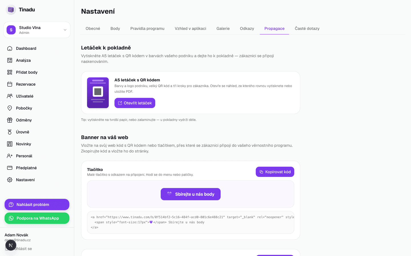 Sekce Banner v Tinadu — tři varianty embed widgetu s živým náhledem a kopírováním kódu