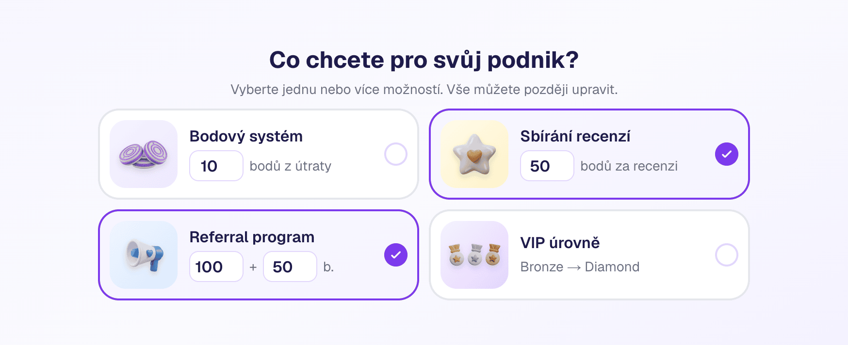 Druhý krok onboardingu — výběr funkcí věrnostního programu