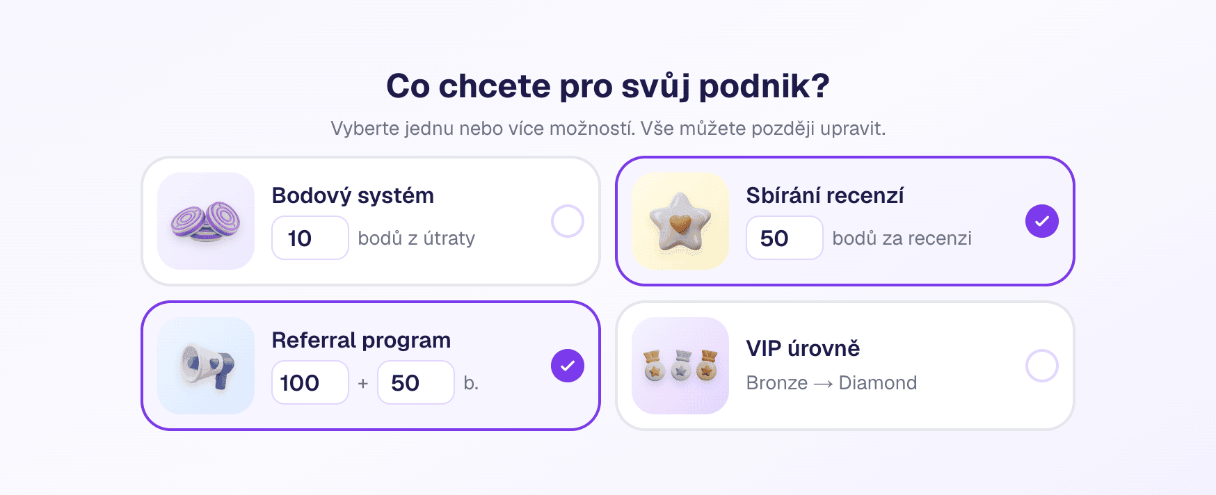 Druhý krok onboardingu — výběr funkcí věrnostního programu