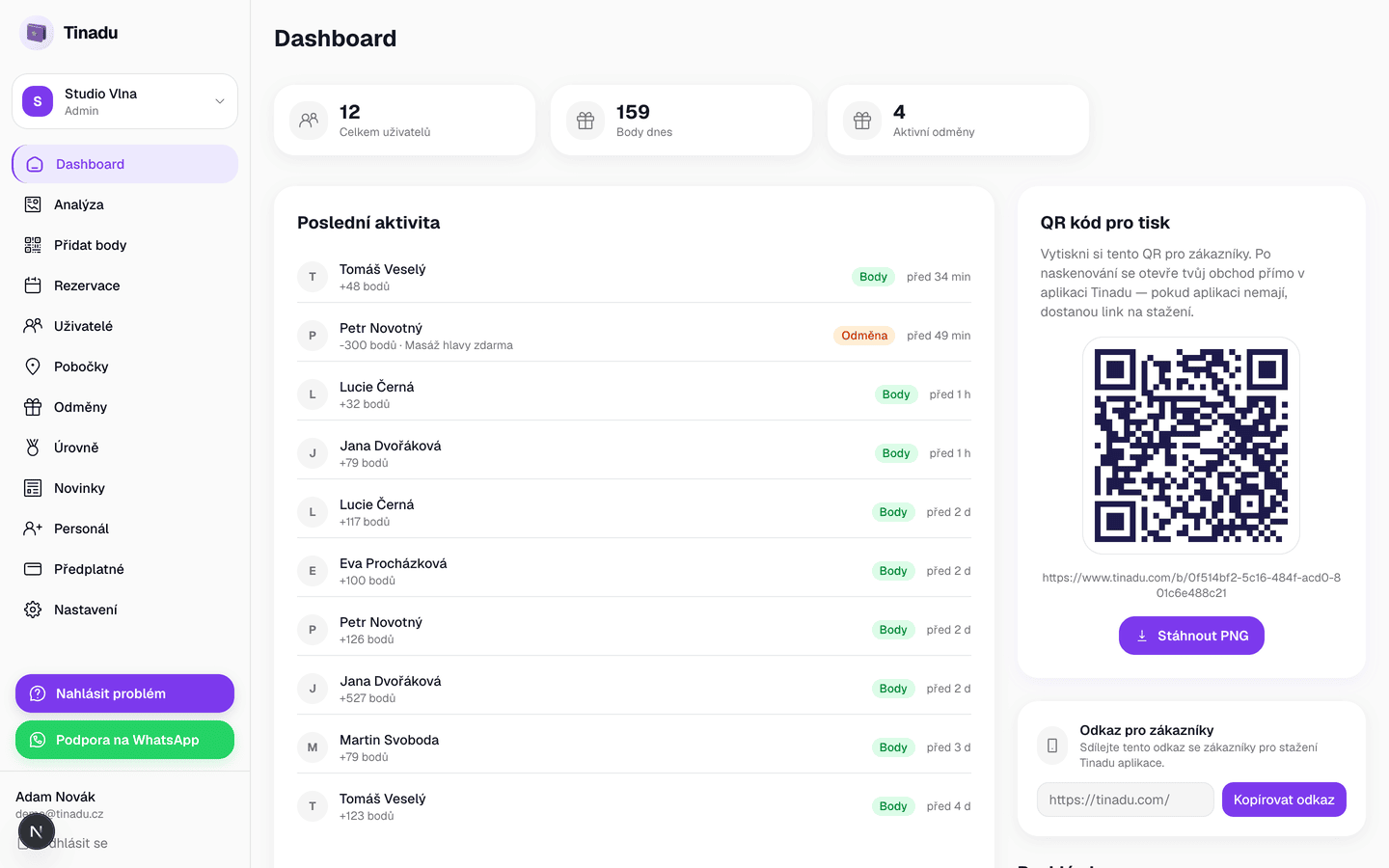Dashboard Tinadu s QR kódem pro tisk a odkazem pro zákazníky