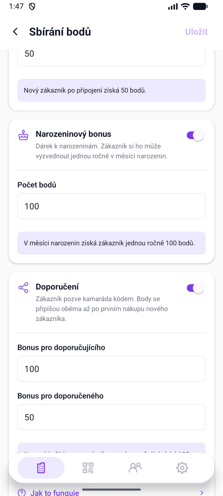 Nastavení doporučení a narozeninového bonusu v aplikaci Tinadu Manager
