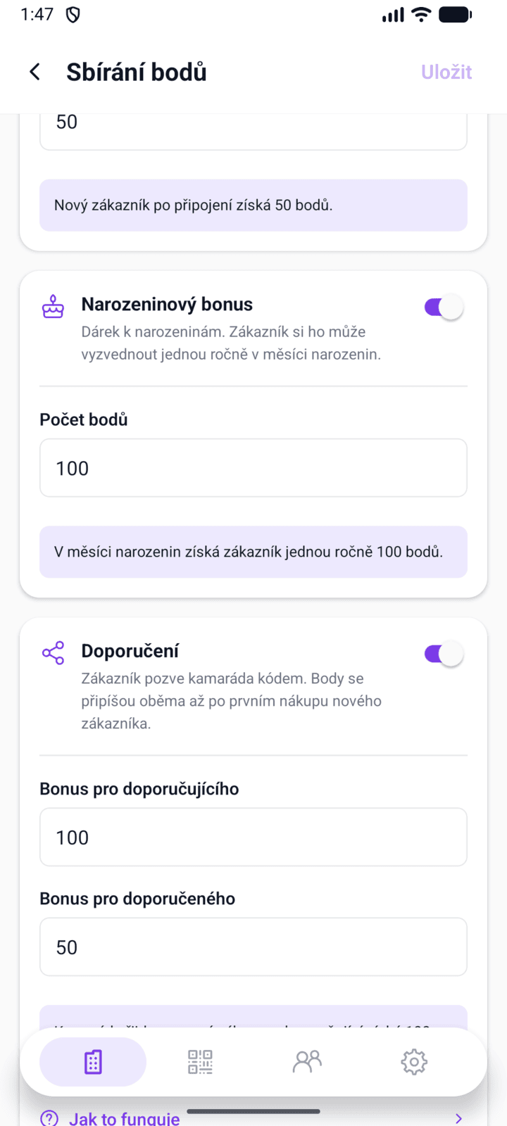 Nastavení doporučení a narozeninového bonusu v aplikaci Tinadu Manager