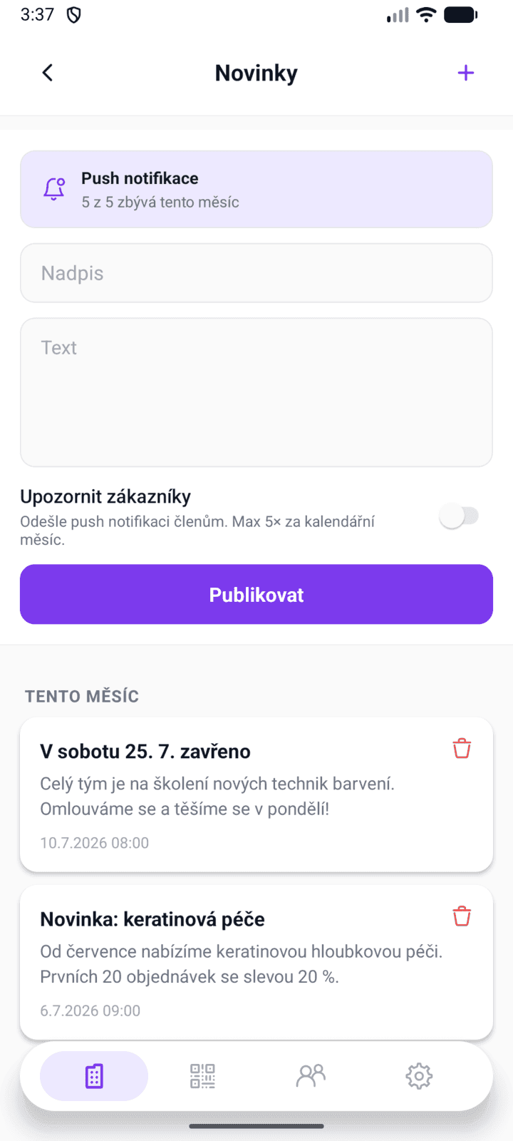 Publikace novinky v mobilní aplikaci Tinadu Manager s počtem zbývajících push notifikací