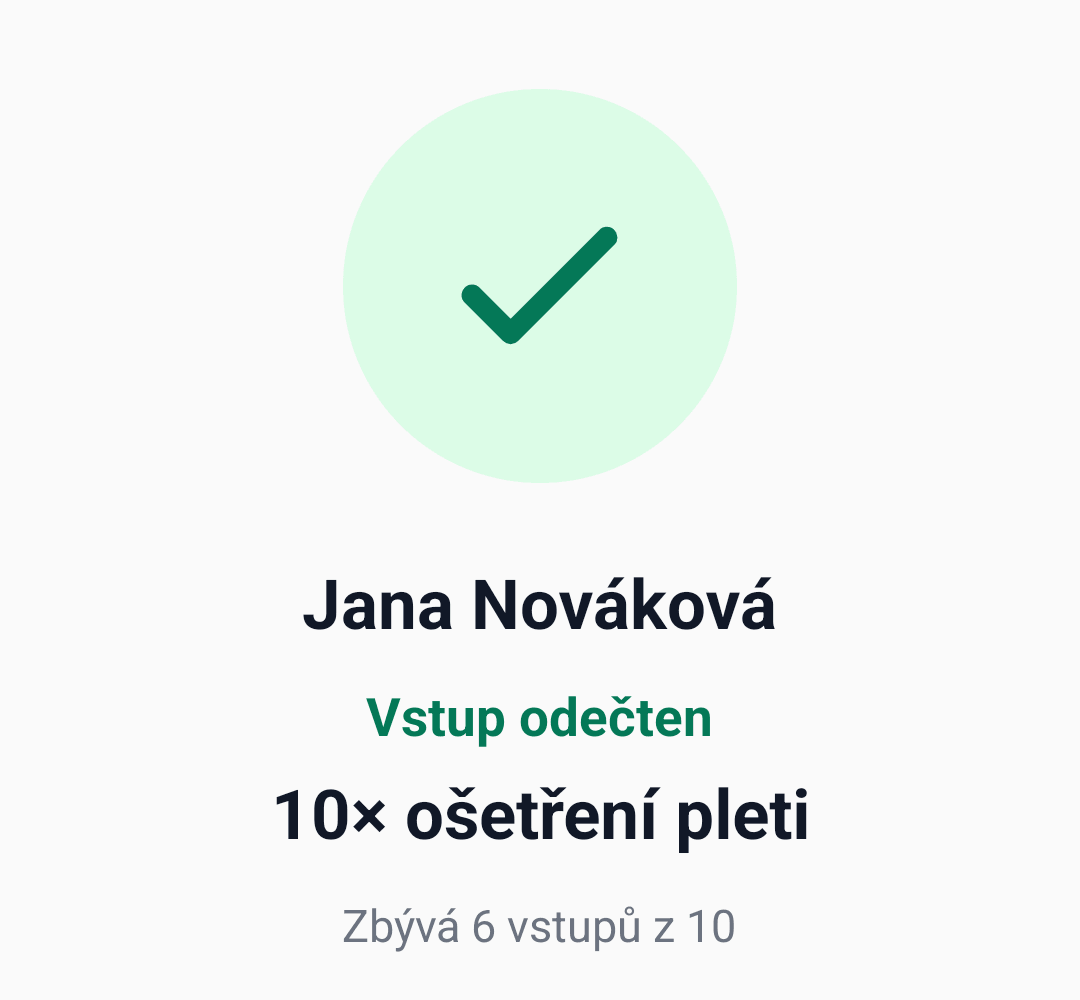 Tinadu Manager — potvrzení Vstup odečten, 10× ošetření pleti, zbývá 6 vstupů z 10