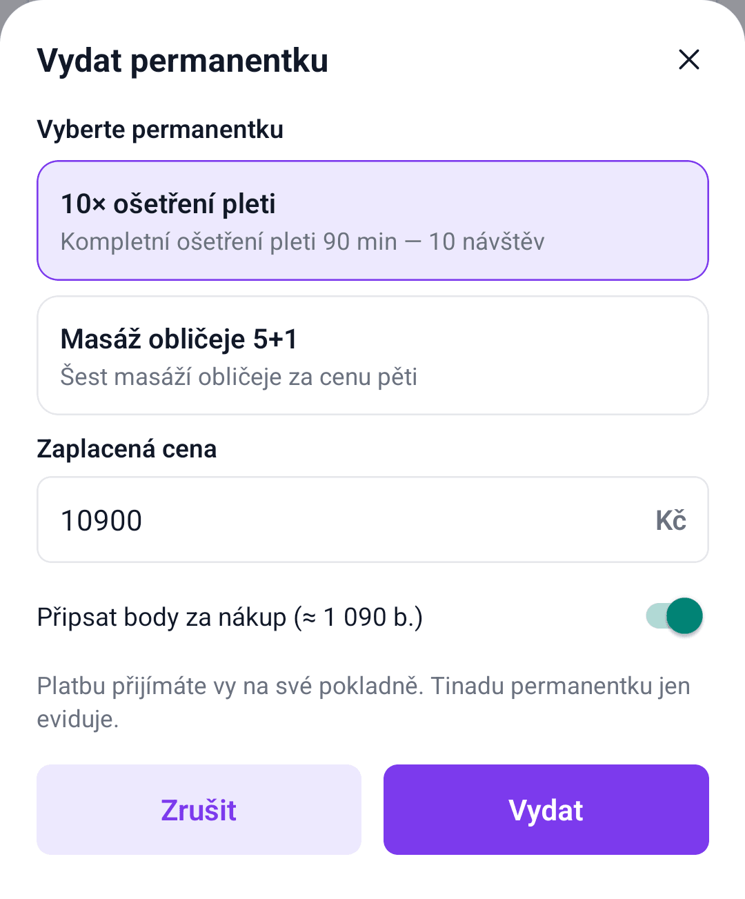 Tinadu Manager — panel Vydat permanentku s výběrem 10× ošetření pleti nebo Masáž obličeje 5+1, cenou 10 900 Kč a přepínačem bodů