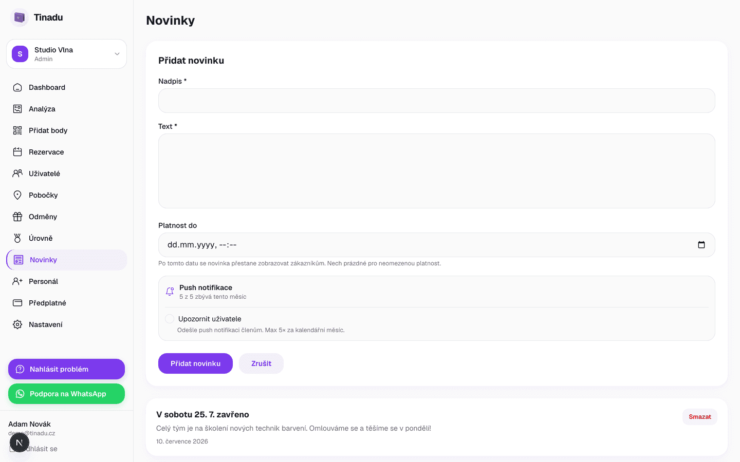 Formulář nové novinky v Tinadu — nadpis, text, platnost do a přepínač push notifikace