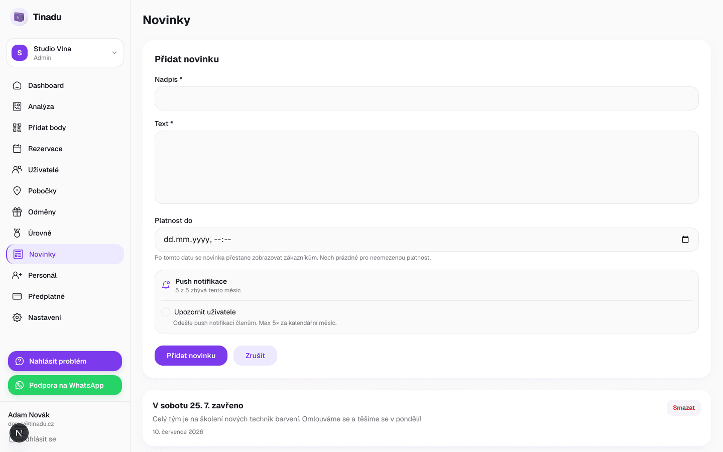 Formulář nové novinky v Tinadu — nadpis, text, platnost do a přepínač push notifikace