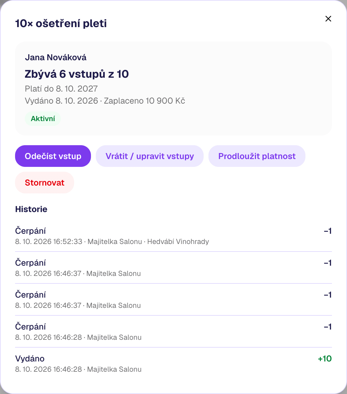 Detail permanentky 10× ošetření pleti — zbývá 6 vstupů z 10, tlačítka Odečíst vstup, Vrátit nebo upravit vstupy, Prodloužit platnost, Stornovat a historie čerpání s pobočkou Hedvábí Vinohrady