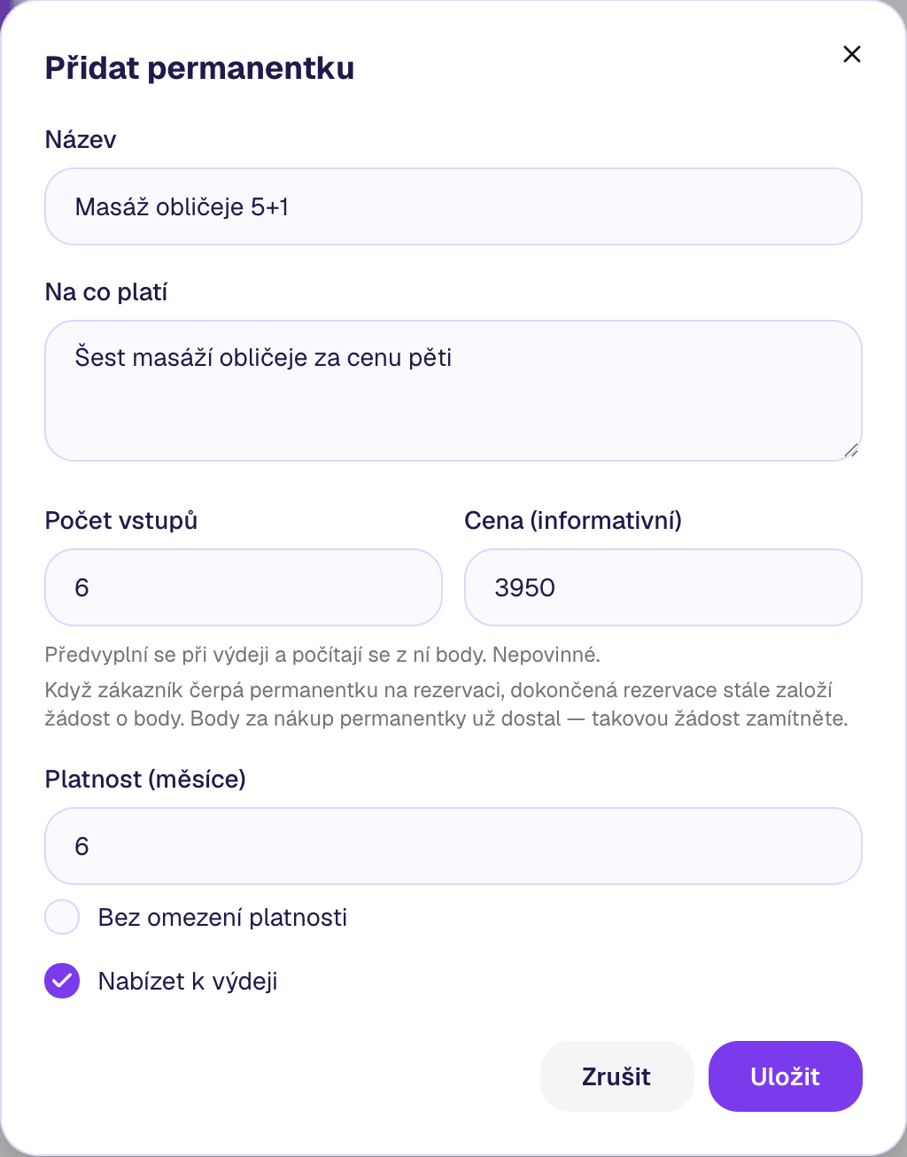 Formulář Přidat permanentku vyplněný pro balíček Masáž obličeje 5+1 — 6 vstupů, cena 3 950 Kč, platnost 6 měsíců, Nabízet k výdeji zaškrtnuto