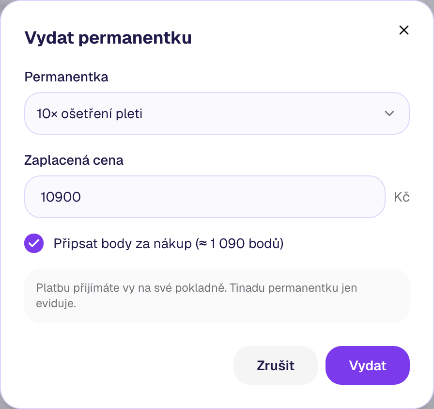 Okno Vydat permanentku — vybraná permanentka 10× ošetření pleti, zaplacená cena 10 900 Kč a zaškrtnuté připsání 1 090 bodů za nákup