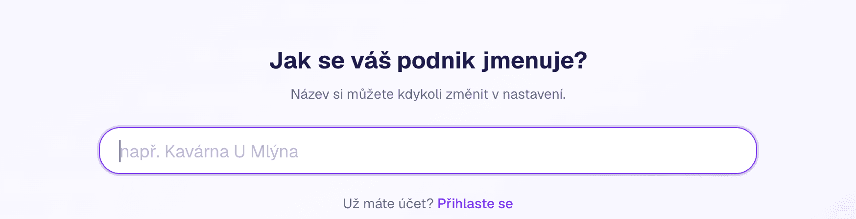 První krok onboardingu Tinadu — pole pro název podniku