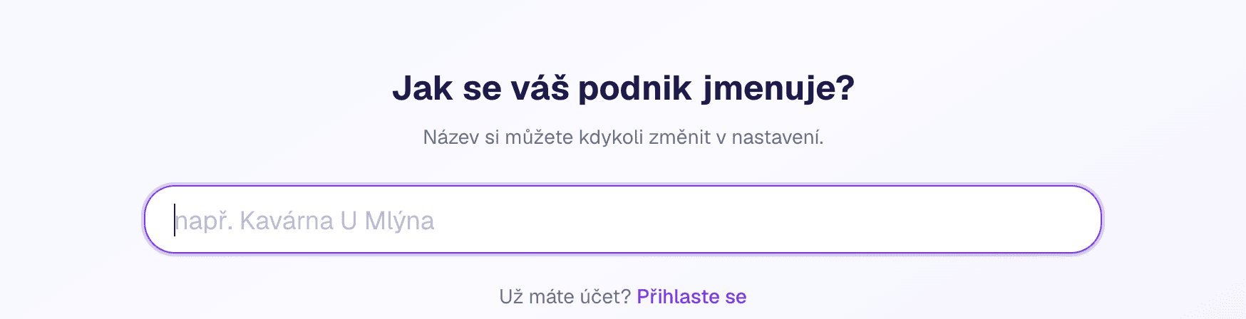 První krok onboardingu Tinadu — pole pro název podniku